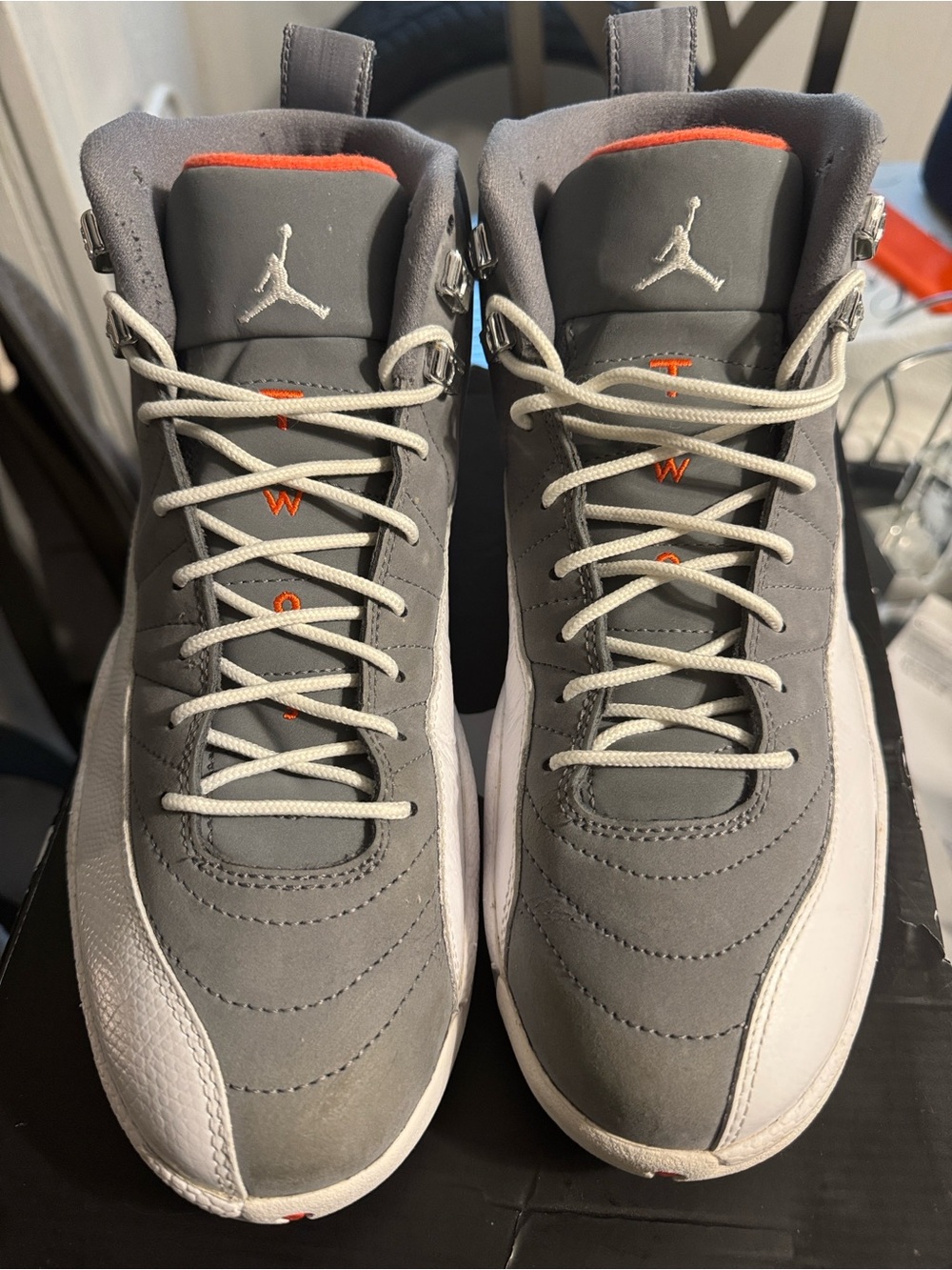 Jordan Men’s Basketball Sneakers — Gray/White with Orange Trim